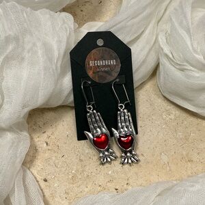 Silver Hand & Red Heart Charm Earrings (Secondhand Sinner)
